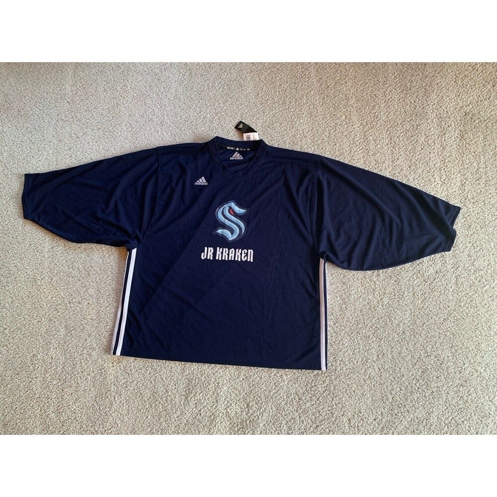Adidas Seattle Kraken Adult Navy Blue Logo  “Jr Kraken” Hockey Jersey Large New